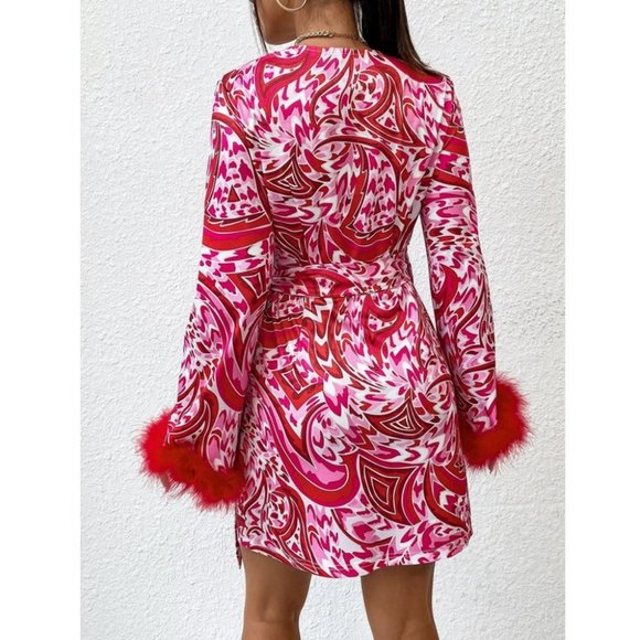 Cuff feather detailed Wrap Knot Side Mini Dress - Picture 6 of 7